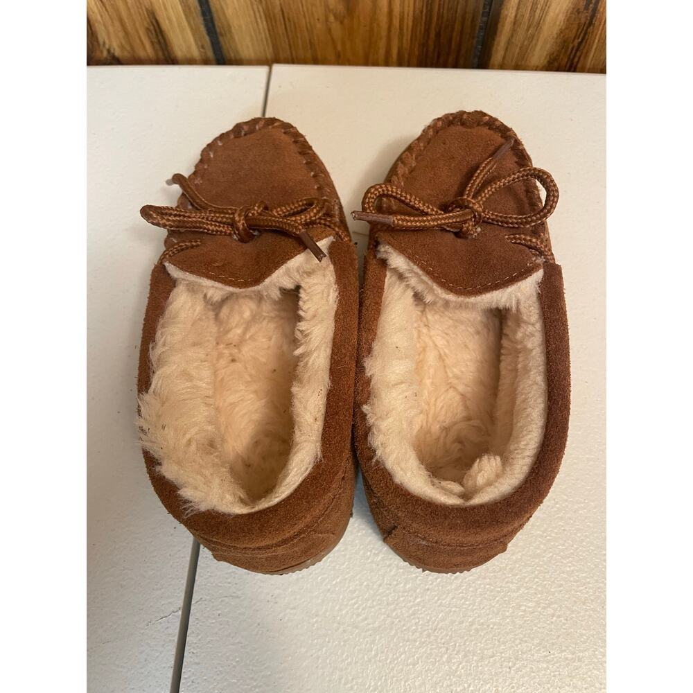 Lamo size 11 faux fur fuzzy slippers suede tan chestnut tie kids - Picture 2 of 7
